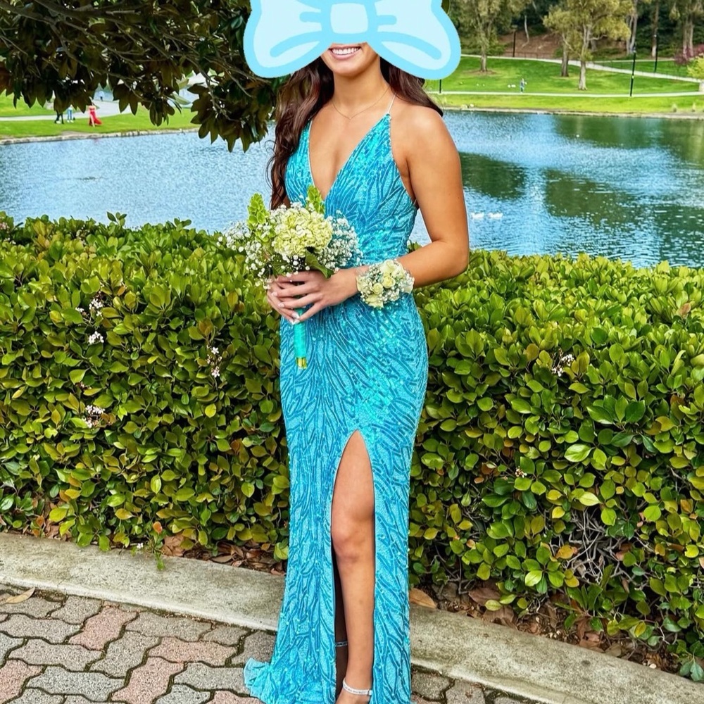 Turquoise Sequin V-Neck Prom Dress with Thigh Slit